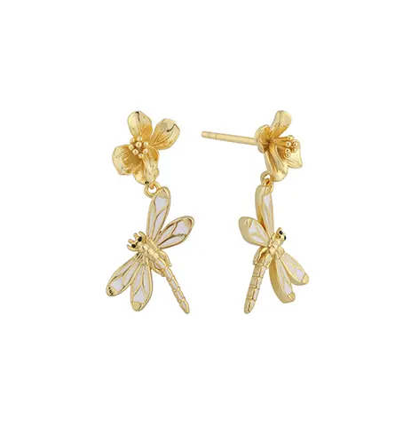 PLE08080 Orecchini in argento sterling 925 con libellula e fiore smaltati