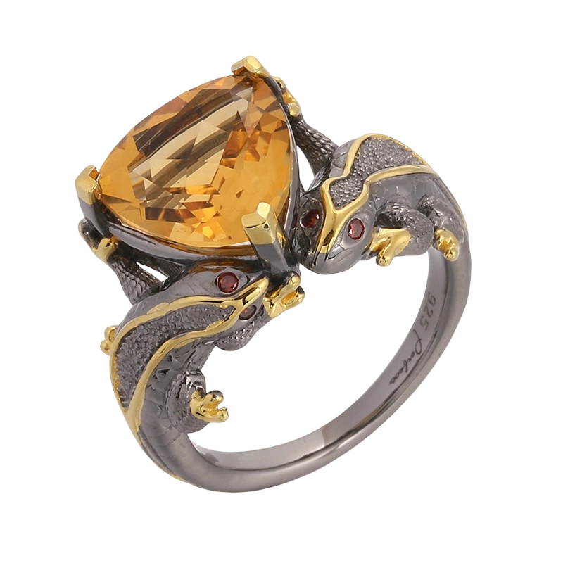 Anello YR03586 in argento sterling 925 con lucertola Critine e zirconi, fatto a mano.