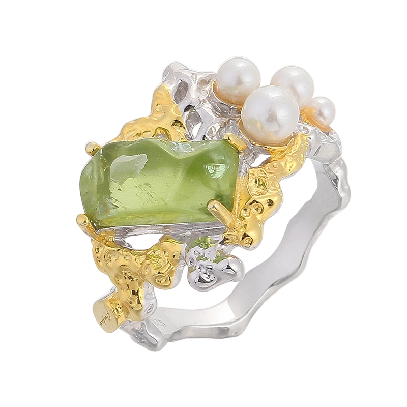 Anello YR03598 in argento sterling 925 con peridoto, realizzato a mano.
