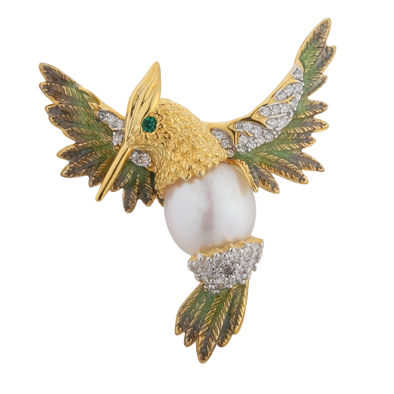 C00594 Spilla a forma di uccellino in argento sterling 925 con perla e smalto